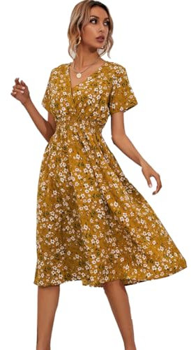 XIVISTO Robe Casual Fleurie Femme Ete Col en V Sexy Boheme Manches Courtes Elegant Mi-Longue Tunique Swing Robe Vintage Dress Vacances Plage