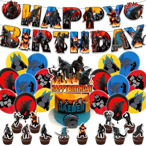 30Pcs Godzilla Geburtstag Party Favor Supplies, Latex Luftballons Geburtstag, Happy Birthday Banner, Cake Topper, Godzilla vs King Kong Dekoration Party Favor Supplies, Kindergeburtstag Party Deko
