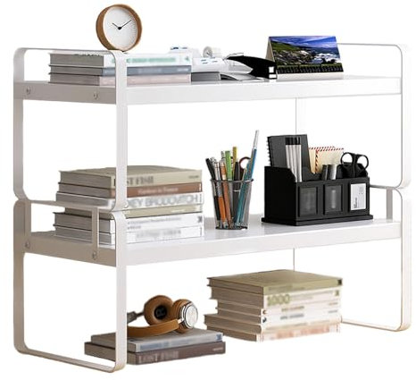 Hggzeg Schreibtisch-Regal-Organizer, 2-stöckiges Schreibtisch-Bücherregal, Mehrzweck-Bücherregal, Aufbewahrungsregal für Zuhause, Büro, Schule (weiß + weiß)