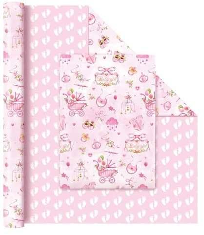 WERNNSAI Geschenkpapier für Baby Mädchen – 1 Rolle 43 cm x 10 m Wendbares Geschenkpapier Rolle Kinder Rosa Mädchen Geschenkpapier Fußabdruck Design Geburtstagsparty Geschenk