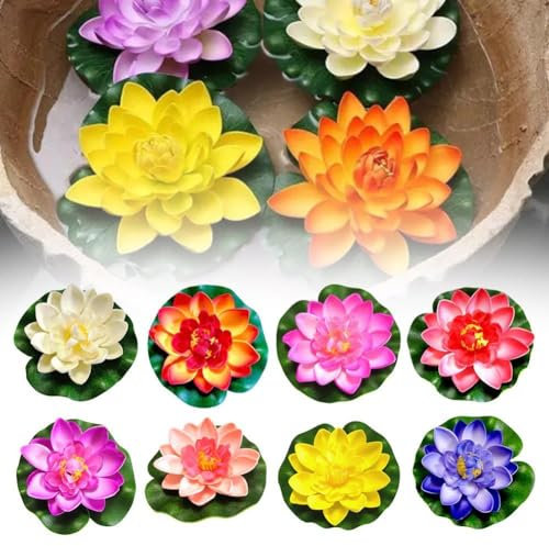 Künstliche schwimmende Schaumstoff-Lotusblume mit Seerosen-Pad, künstliche Teichpflanzen, Ornamente, künstliche Lotusblume für Garten, Teich, Aquarium und Schwimmbad, Dekoration (8 Stück)