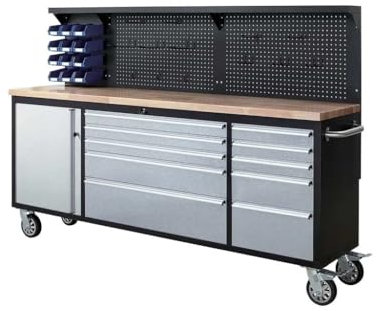 P. Lindberg fahrbare Werkbank Werkstattwagen mit Rollen 213 cm Holzarbeitsplatte 10 Schubladen