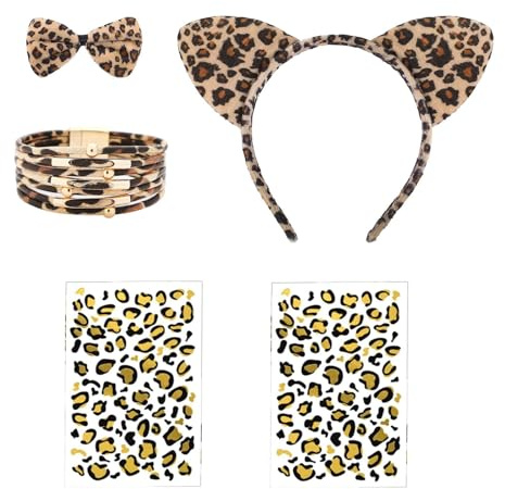 XDGBGFN 5-Teilig Leopard Kostüm Set,Haarbänder Armband Krawatten und 2 Stück Leoparden Kunst-Aufkleber Zubehör Deko für Leopardenkostüm Party Cosplay