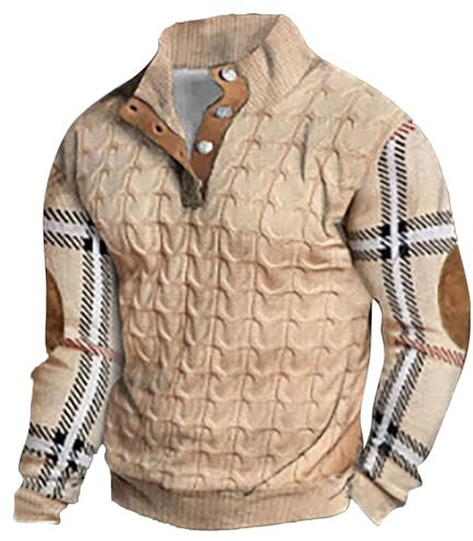 Cable Knit Cardigan Pullover Jacket Cotton T Shirts for Men Fall Sweaters Trendy Sleeveless Jacket Fishing Hoodie Christmas Jumpers Sheepskin Coat (Khaki, XL)
