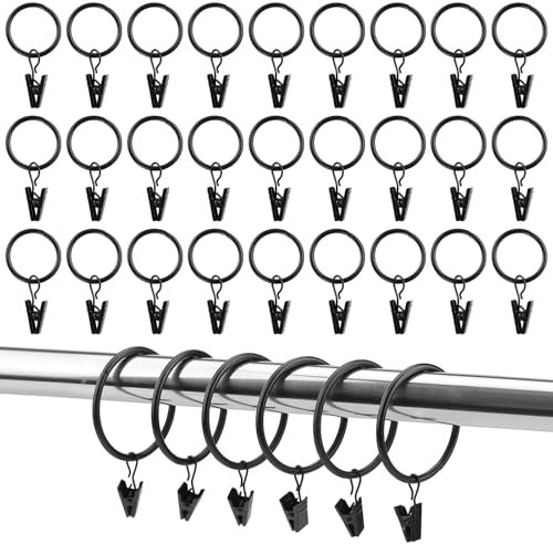 NICKLIN Gardinenringe mit Haken,33 Stück Metall Vorhangringe mit Clips Schwarz 32mm Innendurchmesser Curtain Rings für Stange Fenster Tür Duschvorhang Wäscheleine