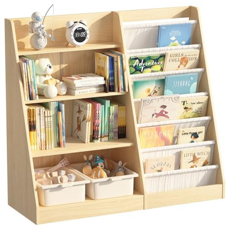 Hironpal Kids Bookshelf Children Bookcase Toddler Toy Storage Organizer 4 Tier 6 Sling Book Rack Adjustable Shelf for Kid Room, Playroom, Nursery, Bedroom (Burlywood+large Size)