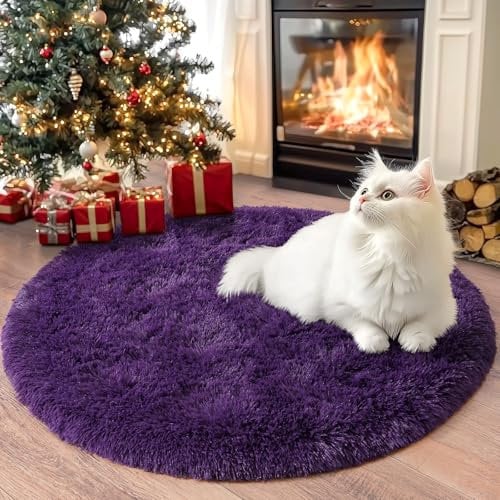 Chicnix Teppich Rund 100 cm Hochflor für Schlafzimmer, Teppich Wohnzimmer Langflor, Moderner Plüsch rutschfest Weich Flauschig Bettvorleger für Kinderzimmer, Traubenviolett