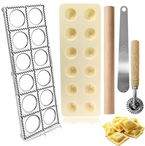 Rainmae Ravioliformen Ravioli-Maker mit 12 Löchern,Aluminiumlegierung,Rund mit Nudelholz,Teigtaschenrad Former,Fleischspatel für Die Herstellung Von Ravioli, Knödel