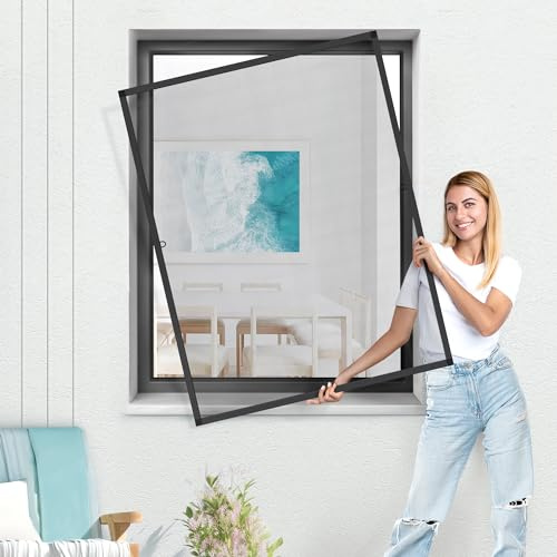 Jalousiescout Insektenschutz Fliegengitter Fenster mit Alu Rahmen, Mückenschutz Fenster, Insektenschutzgitter Fliegenschutz SlimLine Mini, Mückengitter Spannrahmen ohne Bohren, 90 x 130 cm, anthrazit