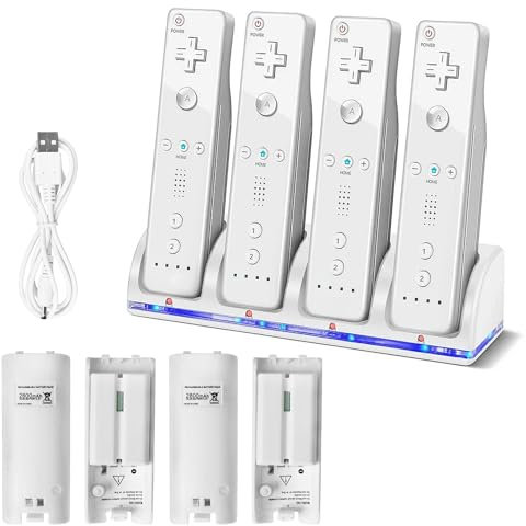 Stazione di ricarica 4 in 1 per telecomando Wii, stazione di ricarica con 4 batterie ricaricabili da 2800 mAh e cavo di ricarica, stazione di ricarica per controller Wii per telecomando a U (bianco)