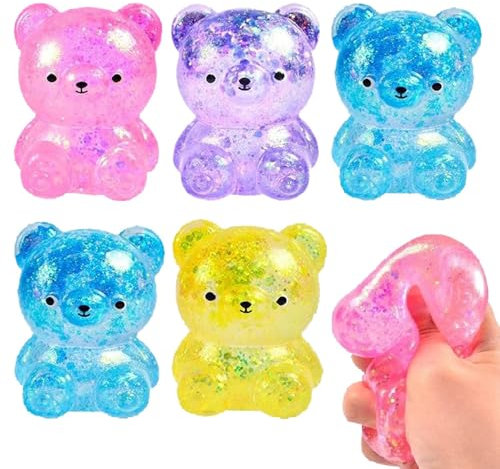 Glitzerbär Quetschspielzeug, 5er-Pack Quetschbär Zappelspielzeug, Langsam Zurückfedernder Silikon Stressball, Waschbare Dehnbare Sinnesspielzeuge, Mit Pailletten Gefüllte Gummibärchen, zum Stressabbau
