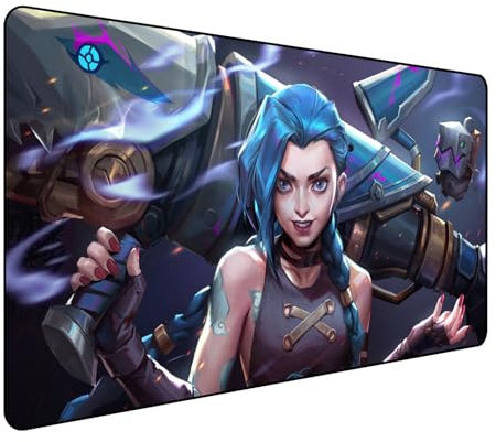 Arcane League of Legends Tapis de souris de jeu Anime Jinx, grand tapis de souris XXL 900 x 400 mm, dessous en caoutchouc antidérapant bords cousus, pour PC, grande protection de bureau étendue pour