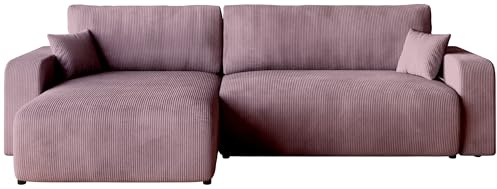 BROMARKT Ecksofa mit Schlaffunktion Kissen und Bettkasten L-Form Rosa | Schlafsofa mit Bettkasten 274x148x82cm Sofa Couch Sofabett freistehend Cord 3 sitzer Eckcouch für Wohnzimmer PUMI XL