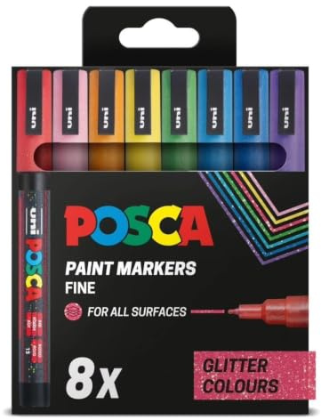 POSCA PC-3M Fine Tip Acrylic Paint Marker Pens, Glitter Colours (8-Pack) | 0.9–1.3 mm Fine Tip, for All Surfaces, Water-Based, Biodegradable Packaging
