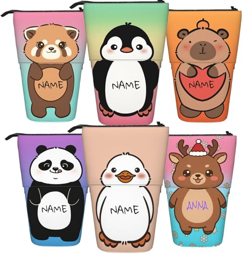 OMNRELM Personalisiertes Federmäppchen mit Namen, Teleskop-Stifteetui | Kawaii Canvas-Tasche, ausziehbar zum stehenden Stifteköcher – Geschenk zur Einschulung für Mädchen und Jungen