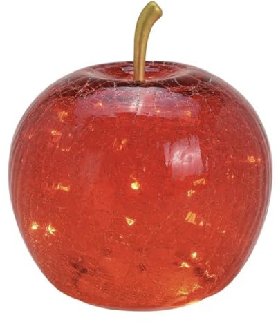 Seyila Home Dekorative Glas Apfel Leuchte mit LED Beleuchtung und Timer (unten), Crackle-Effekt Glas, Goldener Stiel, Weihnachtsdeko, Lampe (Rot, 22 cm)