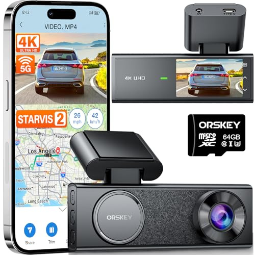 ORSKEY 4K Dash Cam, STARVIS 2 Sensor, 64GB SD Card Included, Dash Camera for Cars with 5GHz Wi-Fi GPS, 2.45 IPS, WDR Night Vision, 24H Parking Mode