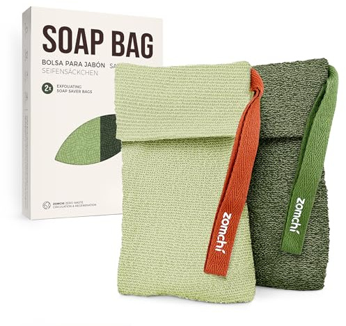 ZOMCHI Sacchetto Saponetta Doccia, 2 Pezzi, Verde Oliva | Texture Morbida e Ruvida, Rete in Nylon Crea Schiuma Ricca, Risparmia Sapone, Ampio Anello, Lavabile in Lavatrice, 18 × 10 cm
