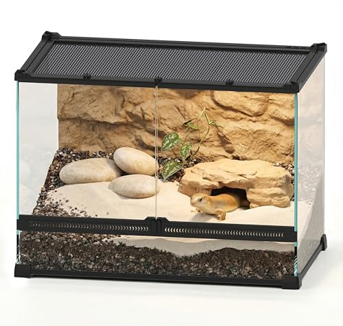 NEPTONION 20x12x14 Reptile Terrarium, Double-Door Glass Terrestrial Vivarium for Small Desert Reptiles Such as Sandfish Skinks, with Lock, Cable Port & Waterproof Deep Base Below Front Doors