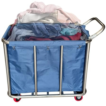 400L Commercial Laundry Trolley with Wheels, Heavy Duty Laundry Hamper with Removable Bags & Handle, Stainless Steel Laundry Basket, Collapsible Laundry Cart for Washing