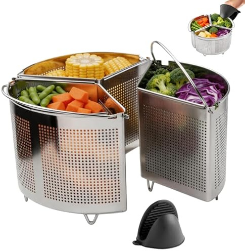 Cestello per Pasta Separata, 3 Pezzi Inserto per Cottura a Vapore con Guanti in Silicone 18 x 18 x 11 cm Cestelli Divisori in Acciaio Inox con Manici e Basi per Pasta Verdure Piccoli Frutti di Mare
