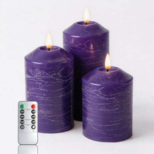 KiimLaa LED Kerzen 3er Set, Flammenlose Echtwachs Stumpenkerzen mit Fernbedienung Timer, Batteriebetriebene Flackernde LED Kerzen Dimmbar, Adventskranz Weihnachten Hochzeit Deko, Lila