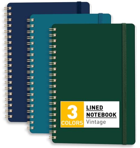 XLOXFU Spiral Notebook - Lined - Vintage - Dark Green Peacock Blue Navy Blue - B6-70 Sheets - 3 Pack