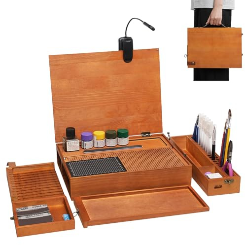 Station de travail de modélisme – Établi portable avec lumière LED et tapis de coupe, kit de rangement en bois avec tiroir pour bricolage et assemblage de précision