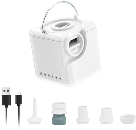 Mini bomba de aire eléctrica, 2400 mAh, bomba de aire para colchón de aire, 5 boquillas de inflado y desinflado con lámpara de camping, para natación, camping, viajes bolsa de vacío – Blanco