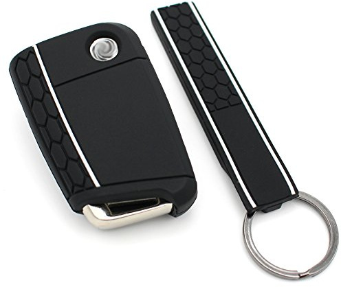Finest Folia Schlüssel Hülle + Keytag VB für 3 Tasten Auto Schlüssel Silikon Cover (Schwarz Weiß)