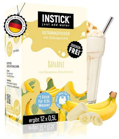 INSTICK Zuckerfreies Instant-Getränk für Milchprodukte (Banane) - 1 Packung für 12 x 0,5 L - Ideal für Milch, Joghurt, Skyr, Quark- Vegan & Kalorienarm