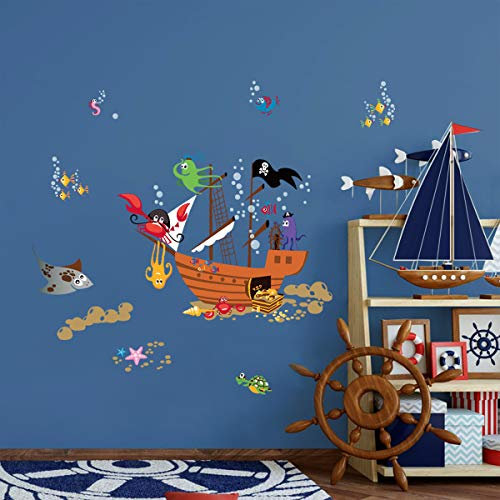 ufengke Wandtattoos Piratenschiff Tiere Wandsticker Wandaufkleber Tintenfisch Bläschen Krabbe für Wohnzimmer