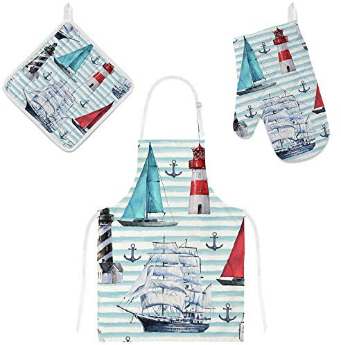 My Daily Kochschürze mit Taschen, Ofenhandschuh und Topflappen Set, Anker Segelboot Leuchtturm Verstellbare Schürze, Mikrowellen-Handschuh, Topflappen 3 Stück, Küche Geschenkset