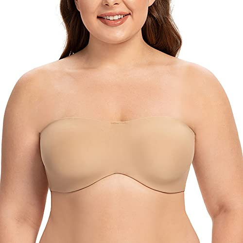 CASOLACE Women's Underwire Bandeau Minimizer Strapless Bras for Large Breasts Beige 34DD
