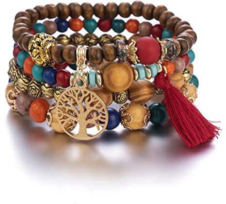 Branets Bohemian Wood Beaded Bracelets for Women Multilayer Stretch Tassel Bracelets Set Tree of Life Charm Love Statement Bangles for Girls