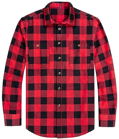 J.VER Flannel Shirt Men Cotton Checked Long Sleeve Lumberjack Plaid Shirt | Soft Comfortable Warm, Check Chequered, Regular Fit, Ideal for Winter Work, Casual Daily Wear, Button Down Shirt with Pocket