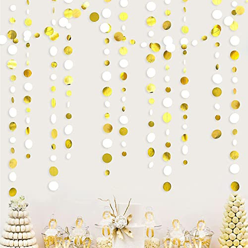 52 Feet White and Gold Circle Dots Garland Hanging Paper Polka Dots Streamer for Birthday Bachelorette Engagement Anniversary Wedding Baby Bridal Shower Christmas Holiday Party Decorations Supplies