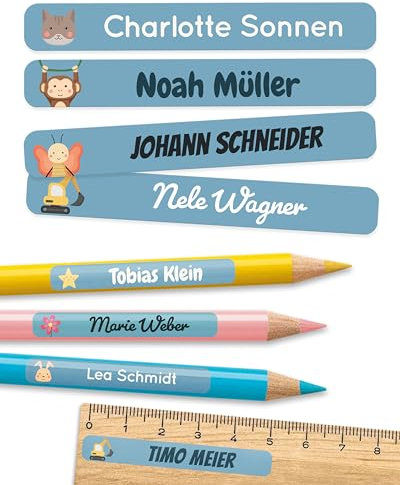 150 Étiquettes autocollantes personnalisées pour l'école - Étiquettes prénom pour crayons et matériel scolaire - Résistantes à l'eau - Bleu