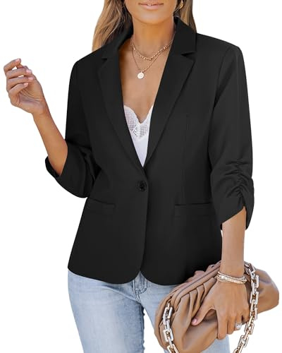 LookbookStore Women Blazer with Pockets 3/4 Sleeve Work Business Casual Jacket Outfit Size L Black