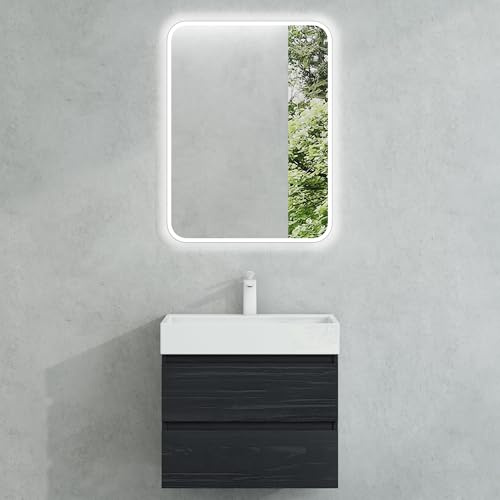 Mai & Mai Waschbeckenunterschrank inkl. Waschbecken und LED-Spiegel | Badmöbel-Set, Waschtisch mit Unterschrank 60x38x56cm in schwarz strukturiert Verona