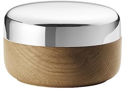 Georg Jensen Alfredo Salznapf - Eiche Gewürztopf mit Edelstahl Deckel und Löffel - Entworfen von Häberli Alfredo Elegantes Tafelgeschirr - 10.3x4.7cm