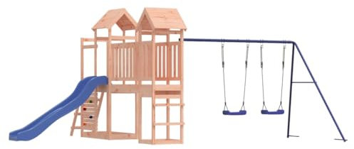 vidaXL Spielturm, Klettergerüst mit Rutsche Schaukel Kletterwand, Kinder Kletterturm mit Holzdach, Spiel-Zubehör für Garten, Holz Spielplatz, Massivholz Douglasie