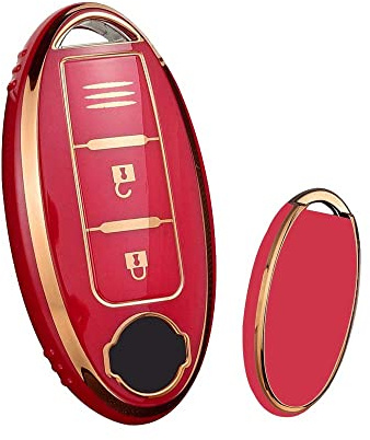 HIBEYO Keyless Go Coque de Protection en Silicone pour clé de Voiture Nissan 370Z Leaf Qashqai Juke X-Trail Micra Murano Infiniti 3 Boutons Doré/Rouge