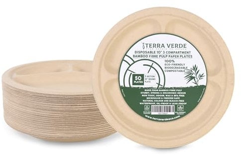 Terra Verde Disposable Bamboo Fibre Paper Plates l 10 inch (25 cm) 3 Compartment Round 50 Pack l Large Unbleached Natural Brown l Compostable Eco Friendly Extra Strong Plate for Parties, Events
