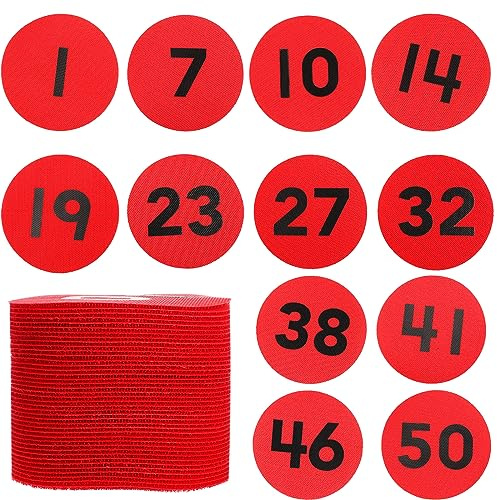 TOYMIS 50 Stück Teppich Boden Kreis Sitzmarkierungen, Runde Boden Teppichmarker für Klassenzimmer mit Zahlen 1-50, Durchmesser 10cm, Zahlenmarken für Lehrer, Schüler (Rot)
