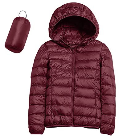 Frauen Warme wasserdichte Leichte Jacke Mit Kapuze Winddichter Wintermantel Mit Recycelter Isolierung Winter Schlank Kurz Mit Kapuze Warme Weiße Entendaunenmantel Imprägnierspray (Wine, XL)