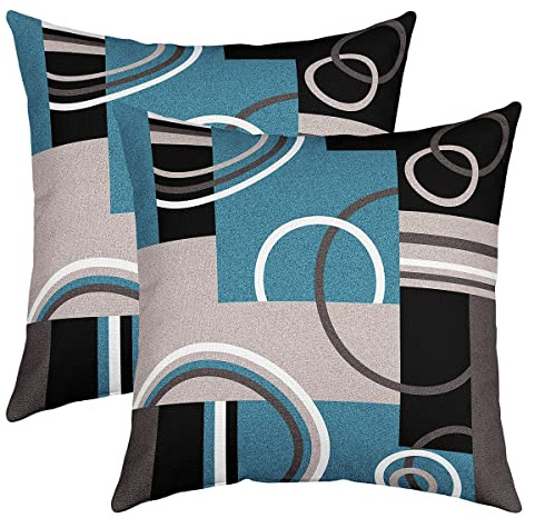 2er-Set Kissenbezüge, 55 x 55 cm, modern, türkis, modern, grau, schwarz, blau, gestreift, geometrisch, für Sofa, Haus, Wohnzimmer, dekoratives Kissen, Retro, rund, Wirbel