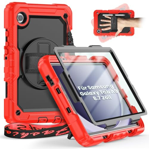 timecity Étui Samsung Galaxy Tab A9 8.7 2023 SM-X110/SM-X115/SM-X117, Résistant aux Chocs et Robuste avec Protecteur D'écran, Support Pivotant, Dragonne, Bandoulière - Rouge