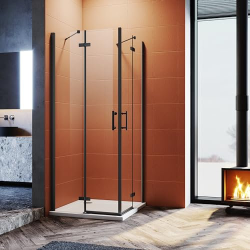 Sonni 80x80 cm Eckeinstieg Duschkabine Schwarzes Dusche 195cm HöHe Mit PendeltüRen 6mm Nano Esg-Glas Scharniertür Duschabtrennung Ohne Rahmen