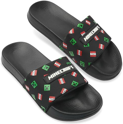 Minecraft Boys Sliders or Flip Flops for Beach and Pool - Boys Gifts (Black Sliders, 11-12 UK)